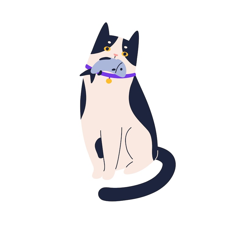Vector cute adorable cat sitting with fish in mouth sweet funny kitty with food in teeth portrait of lovely spotty kitten colored flat vector illustration of pet isolated on white background