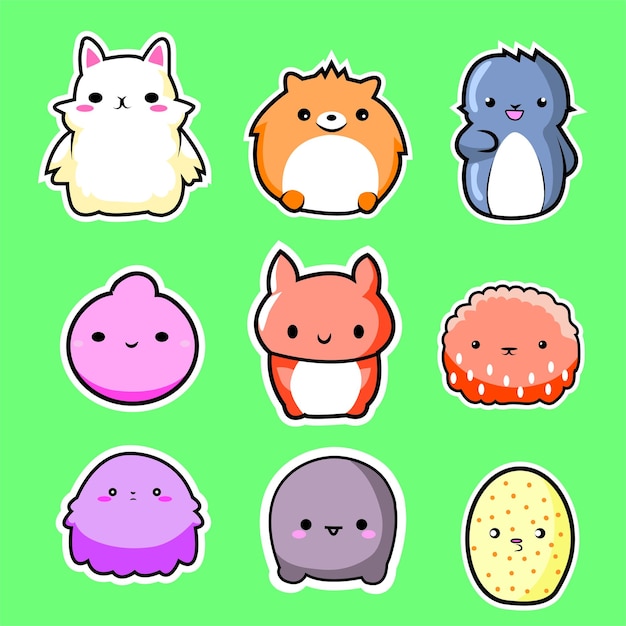 Vector cute adorable chubby animals cartoon sticker set of 9 for children toys