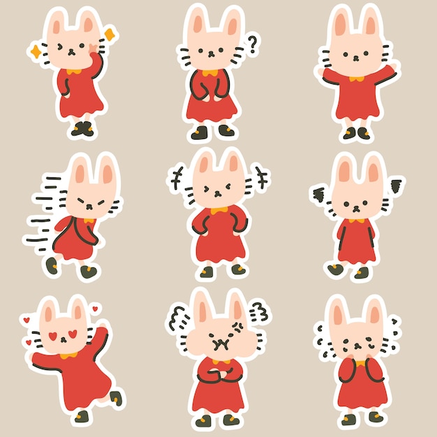 Cute adorable colorful expressive bunny doodle illustration stickers