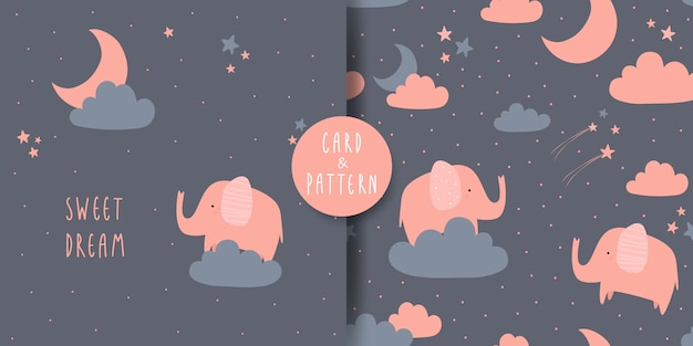 Cute adorable elephant cartoon doodle card and seamless pattern