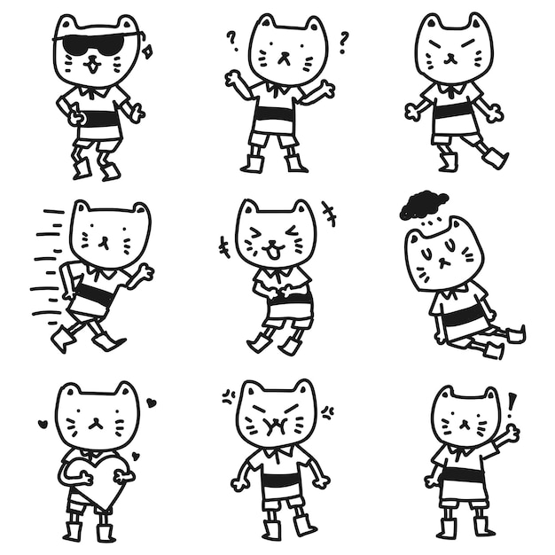Vettore carino adorabile gatto espressivo mascotte emoticon doodle