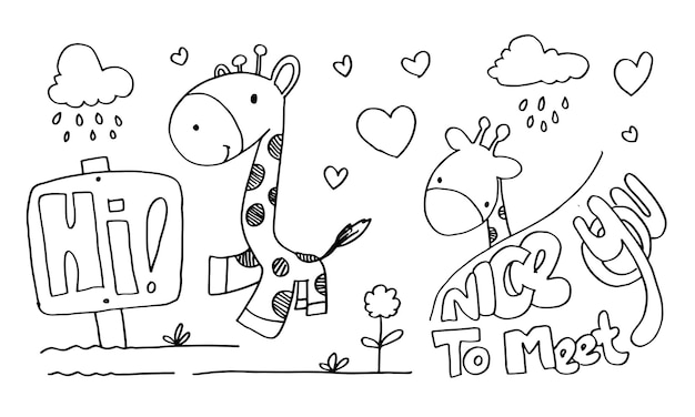 Cute adorable giraffe greeting with hi nice to meet you cartoon doodle on white background