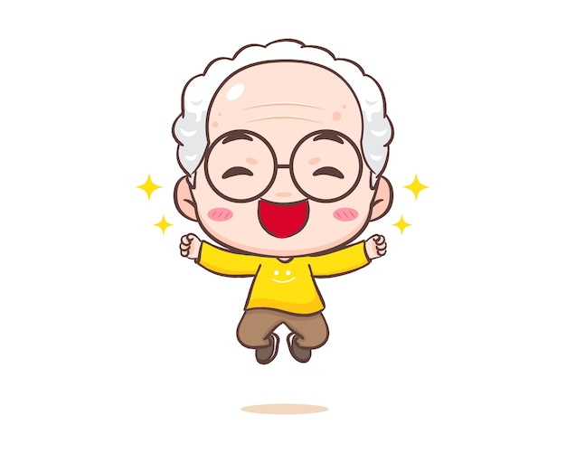 Cute adorable happy grandfather jumping. grandpa hand drawn cartoon character vector illustration