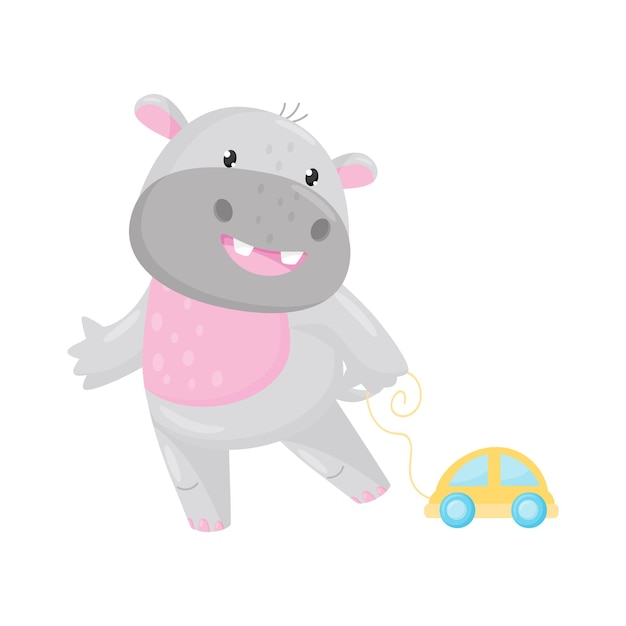 Cute adorable hippo playing with toy car lovely behemoth animal cartoon character vector Illustration isolated on a white background