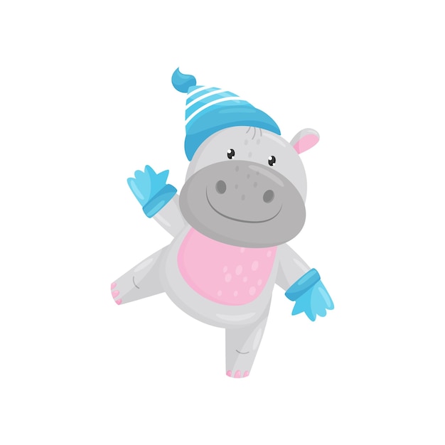 青い織り帽子と手袋を着た可愛い可愛いヒポポト 素敵な巨大な動物 アニメキャラクター ベクトル 白い背景に隔離されたイラスト