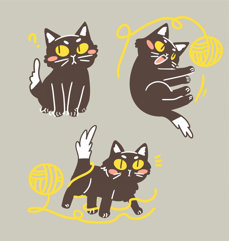 Cute Adorable Lovely Black Kitten Cat Playing With Yarn Ball Doodle  Illustration Sticker Collection