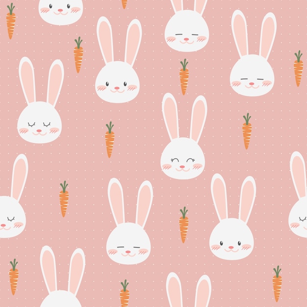 Cute adorable rabbit bunny with carrot cartoon on pink seamless pattern wallpaper