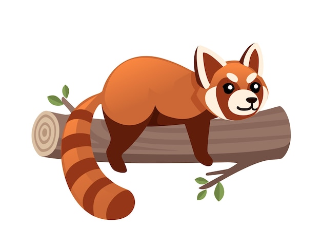 Милая очаровательная красная панда лежит на деревянном бревне мультяшный дизайн животное в стиле персонажа иллюстрация