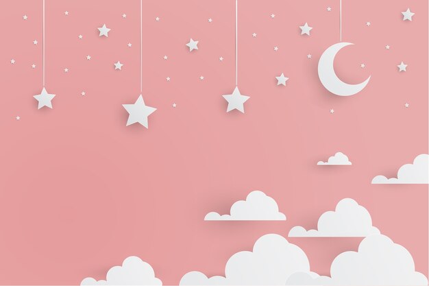 Vector cute adorable white stars and moon with clouds paper cut style on pink background