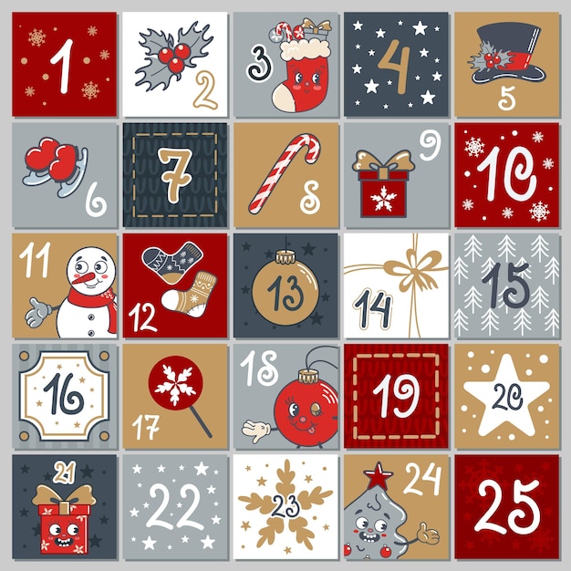 Милый адвентный календарь 25 окон с цифрами снежный человек рождественский подарок горячий шоколадная кружка сладости подарки конфеты тростник милые старые ретро персонажи в стиле мультфильмов вязаный уродливый свитер снегопад
