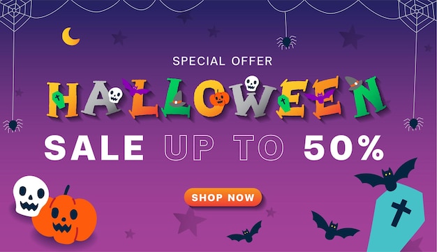 Carino pubblicità halloween cartone animato marketing online promozione vendita 50 banner web sfondo viola