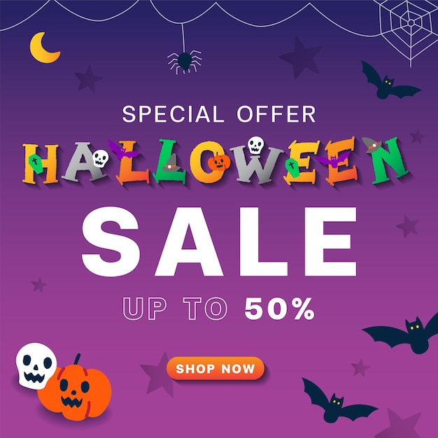 Симпатичная реклама хэллоуин мультфильм онлайн маркетинговая акция распродажа до 50 квадратных веб-баннер bg