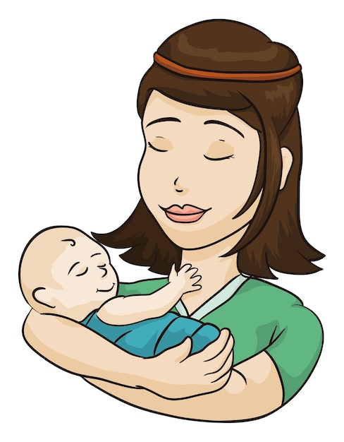 Cute and affective mother holding her baby in arms both with serene gesture