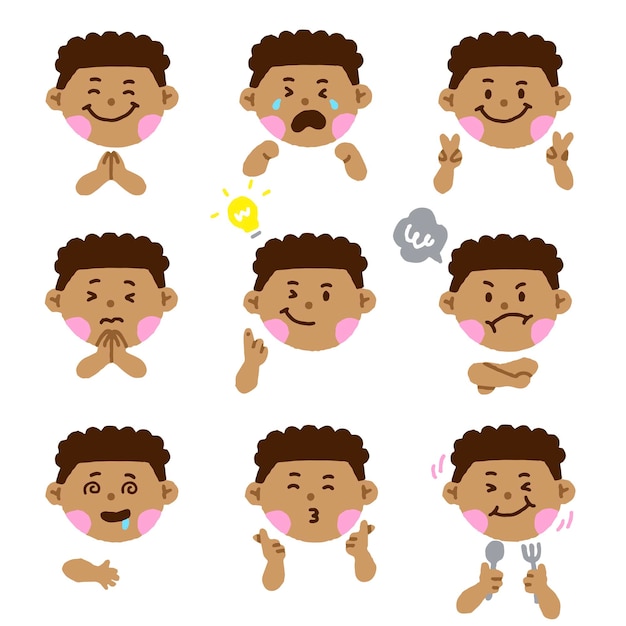 Cute African American Black Boy Hair Eye Kid Child Children Different Expression Emotion Feeling Set