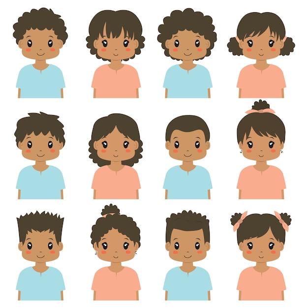 Cute african american children avatar vector collection.