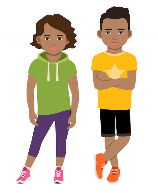 Vector cute african american children vector illustration. black kids in sportswear isolated