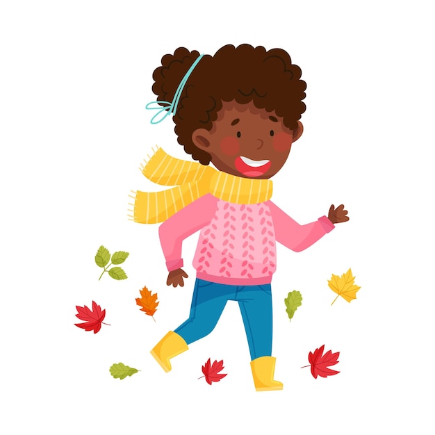 Cute African American Girl Character in Rubber Boots and Scarf Running Among Fallen Leaves Vector Illustration