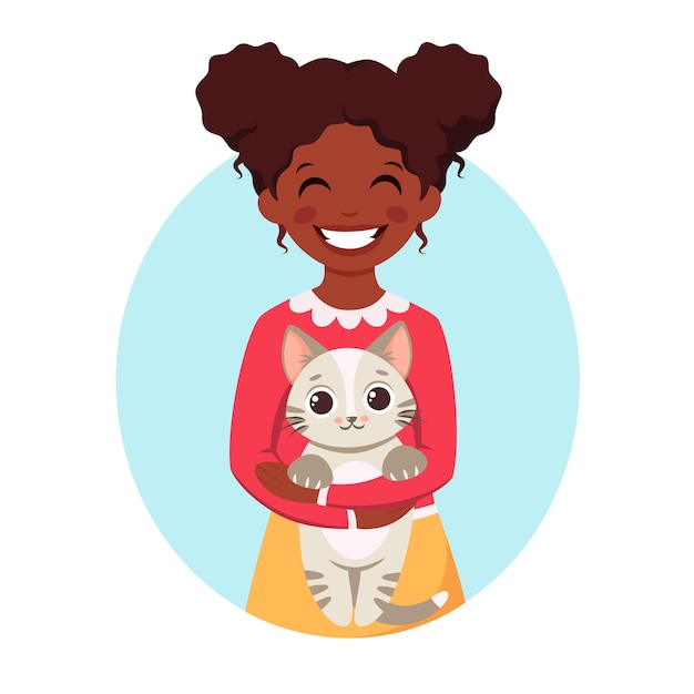 Cute african american girl holding a cat in her hands Black girl with pet