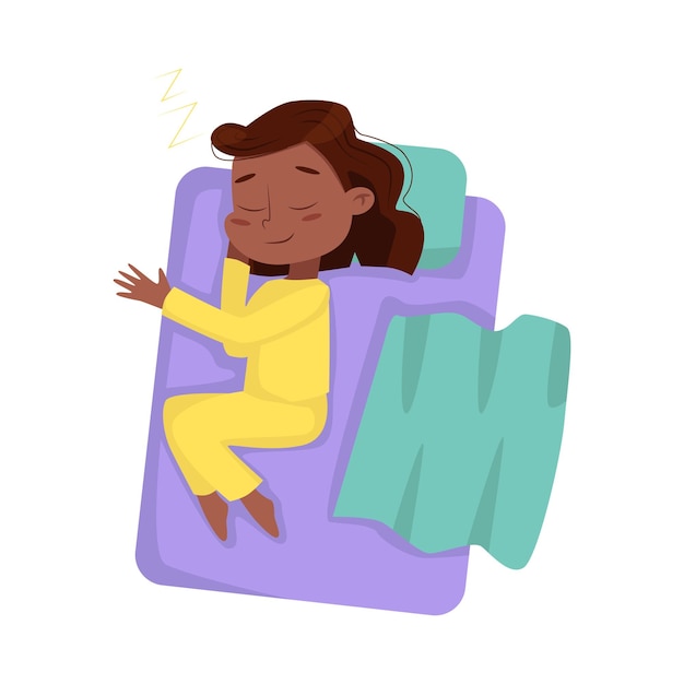 Vector cute african american girl sleeping sweetly in her bed view from above bedtime sweet dreams of adorable kid concept cartoon style vector illustration