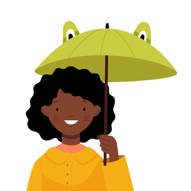 Cute african american girl in a yellow rain coat with a funny frogshaped umbrella