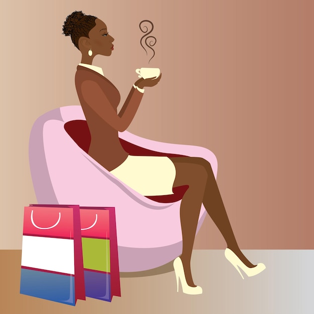 Вектор Симпатичная африканская американка после покупок пьет кофе, векторная иллюстрация