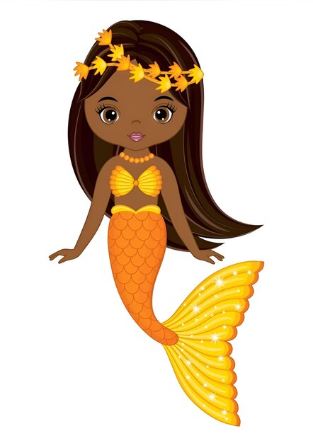 Cute african american mermaid with orange fishtail