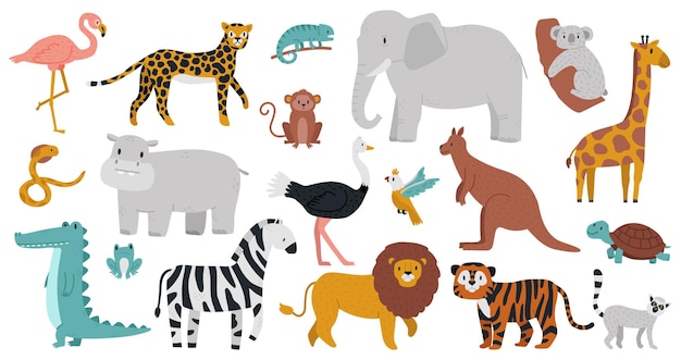 Simpatici animali africani. animali del legno, della giungla o della savana, leopardo, giraffa, ippopotamo, coccodrillo e zebra.