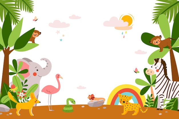Cute african baby animals standing in the jungle funny vector\
template