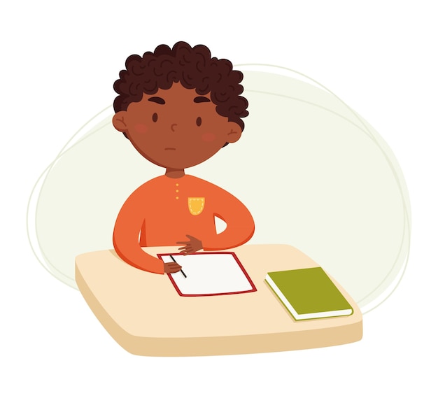 Cute african black boy doing homework vector illustration Daily routine Schedule Illustration on abstract background