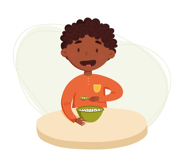 Vector cute african black boy having breakfast vector illustration daily routine schedule illustration on abstract background