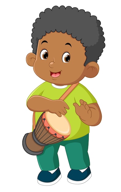 A cute african boy learns to play the bongo instrument