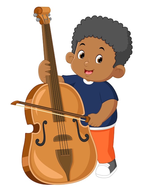 A cute African boy playing the violoncello with passion