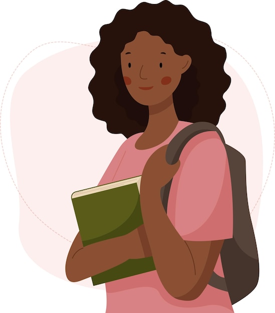 Vector cute african girl student with a backpack holding a book. young woman studying at university.