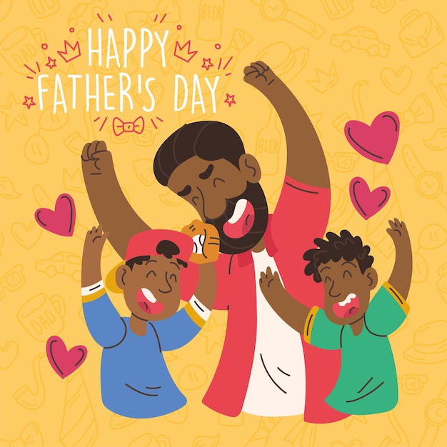 Vector cute afro american cartoon playing with his children happy father day vector