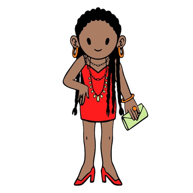 Cute afro american girl in red cocktail dress and high heels with a clutch bag