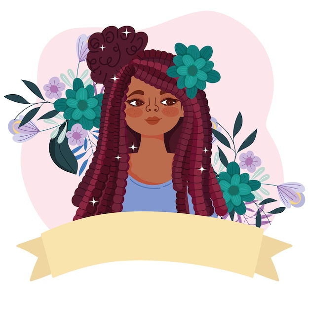 Симпатичная афро-американская девушка с раста, цветами и лентой