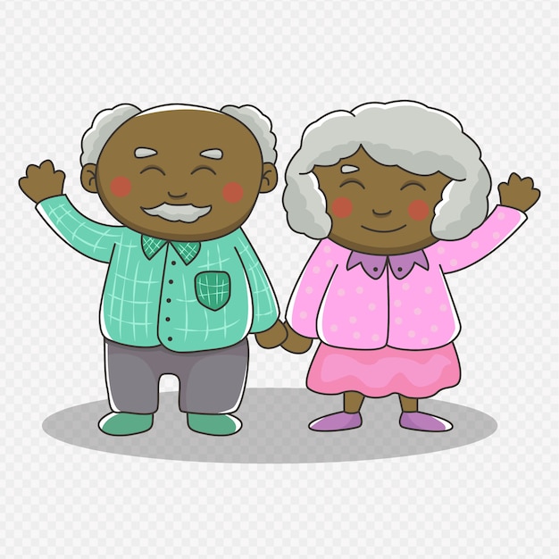 かわいいアフロアメリカンの祖父母を描きます。手を繋いでいるカップル