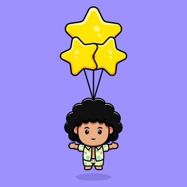Cute afro boy floating with star balloon cartoon illustration