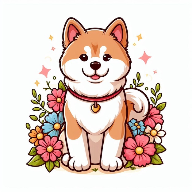 Cute akita dog and flowers vector cartoon illustration