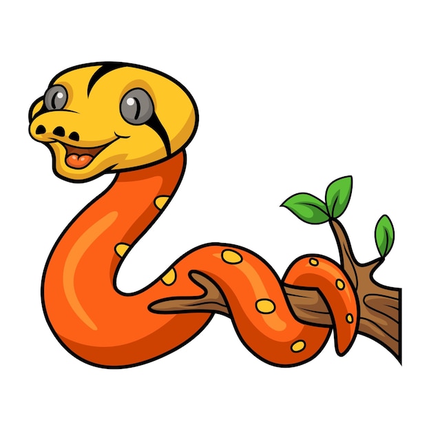 ベクトル 木の枝にかわいいアルビノの黄金の子網状ニシキヘビ漫画