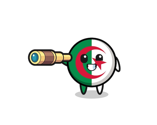 かわいいアルジェリアの旗のキャラクターは、古い望遠鏡のかわいいデザインを保持しています