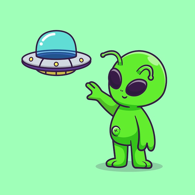 Vector cute alien catching ufo spaceship cartoon vector icon illustration. science technology isolated flat