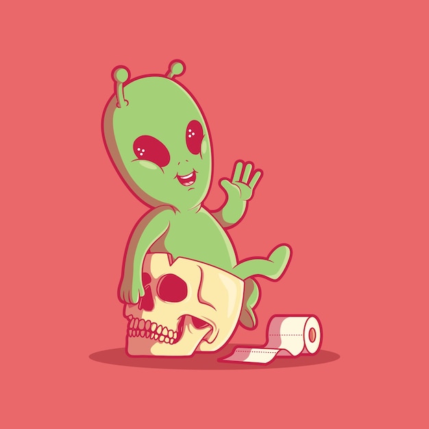 Cute Alien character on a skull vector illustration Funny mascot imagination design concept