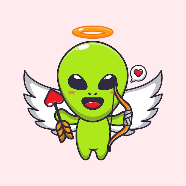 Cute alien cupid holding love arrow cartoon vector Illustration