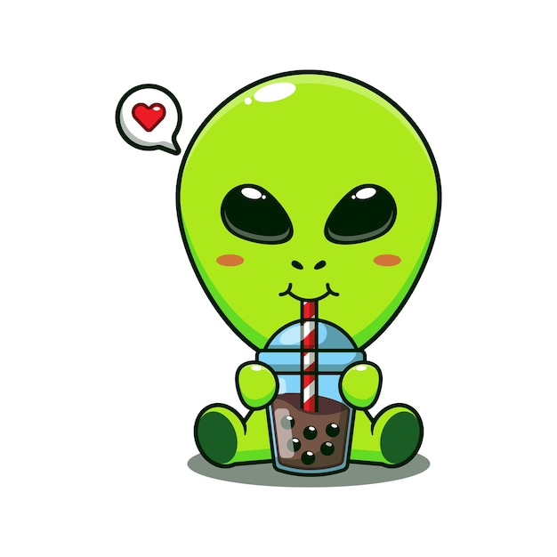 cute alien drink boba milk tea cartoon vector illustration