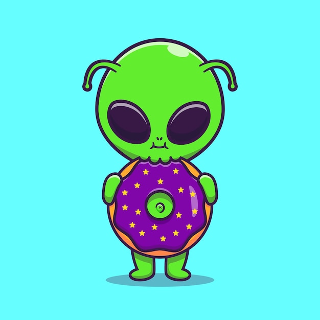 Vector cute alien eating doughnut cartoon vector icon illustration. science food icon concept isolated premium vector. flat cartoon style