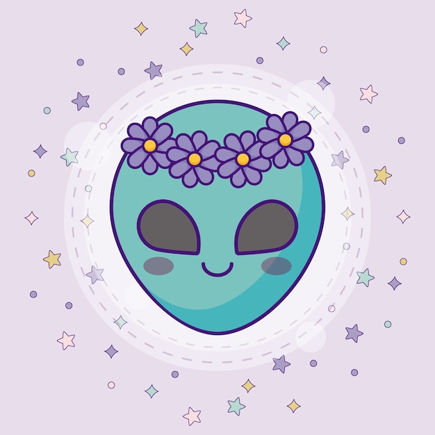 Vector cute alien face with decorative flowers and stars around