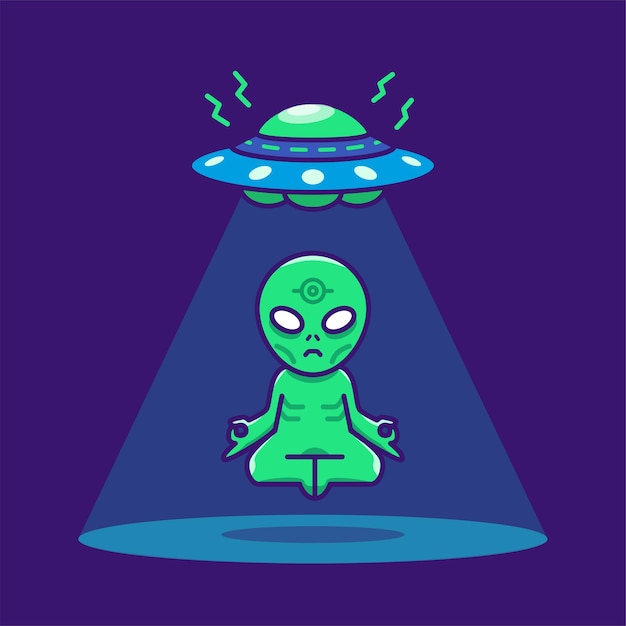 ufo 우주 공예 개념 만화 일러스트 레이 션의 아래 귀여운 외계인 부동 및 명상