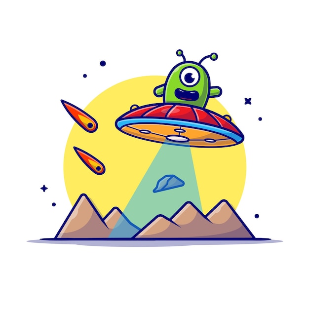 Ufoと隕石宇宙漫画アイコンイラストで惑星を飛んでいるかわいいエイリアン