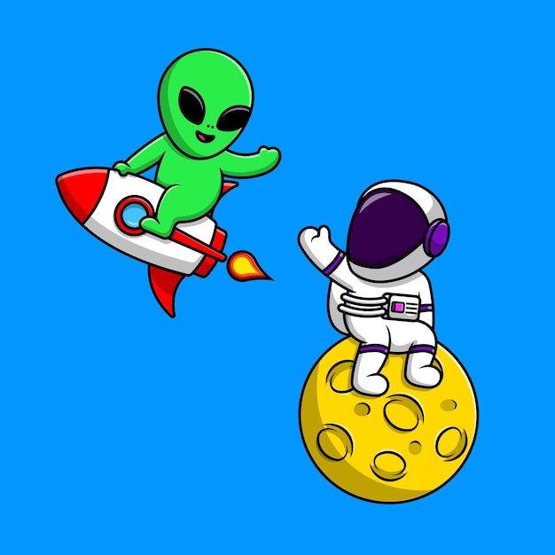 Cute alien flying rocket with astronaut sitting on moon cartoon vector icons illustration